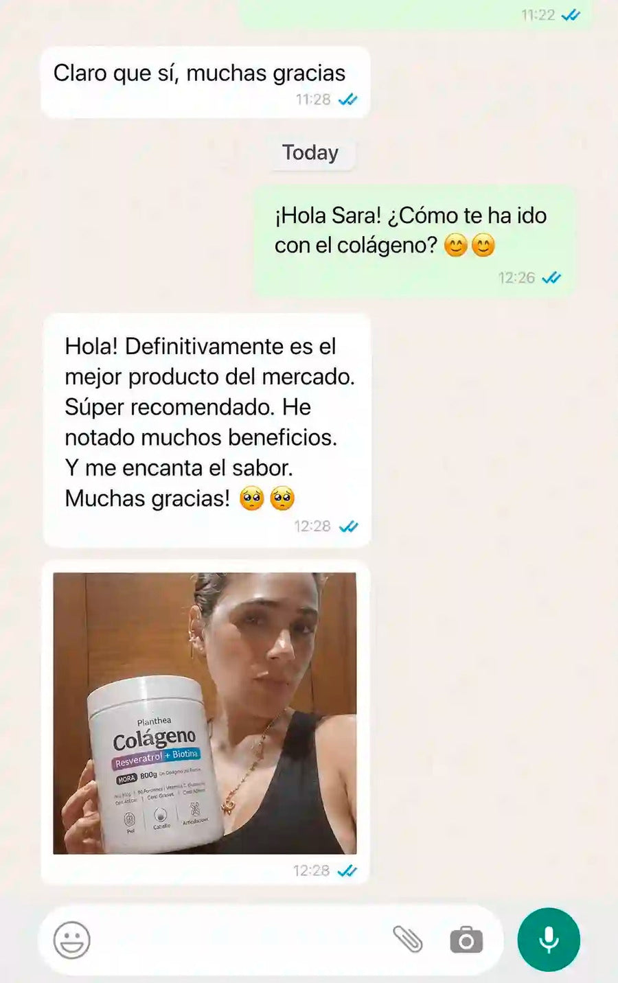 Testimonio de clienta sobre el Colágeno Planthea por WhatsApp