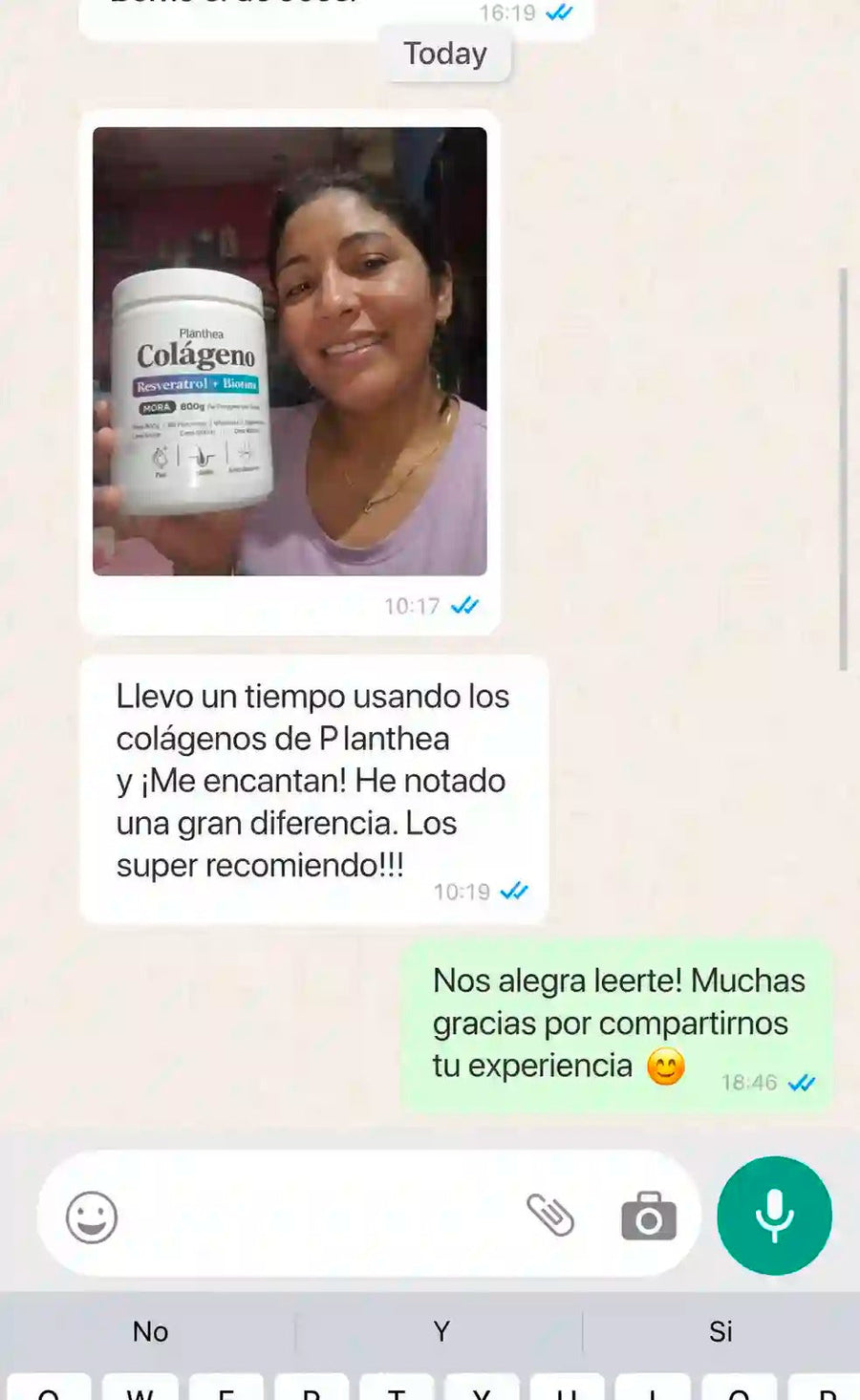 Testimonio de clienta sobre el Colágeno Planthea por WhatsApp